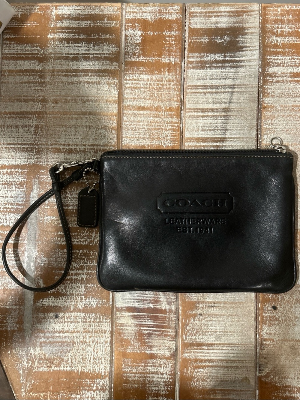 Coach Black Leather Wristlet Pouch with Detachable Strap 5x7